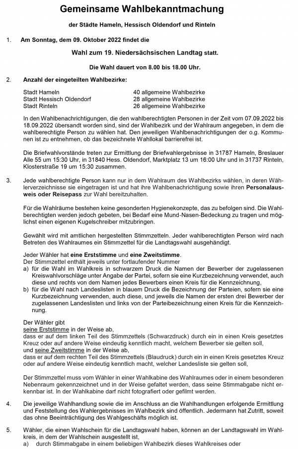 Gemeinsame Bekanntmachung nach 39 und 66 NLWO 1